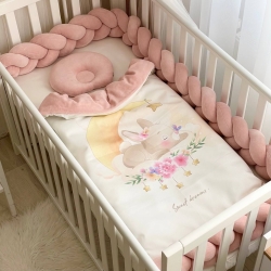 Set lenjerie pentru Patut Bebe din 6 piese Iepuras roz pudra